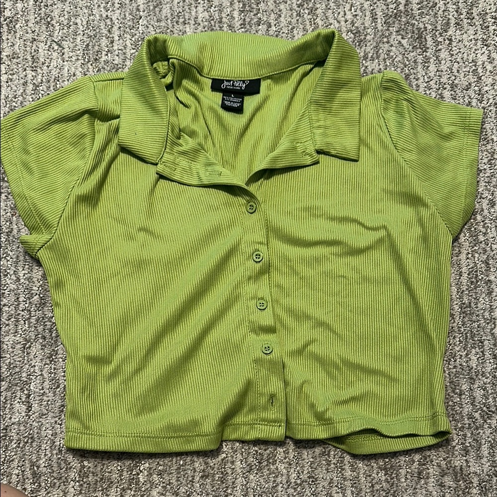 Green Button Down Crop Top with Notched Collar